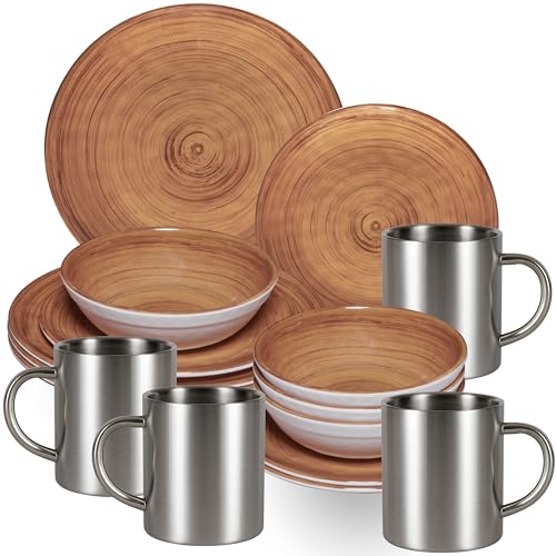 Vaisselle en mélamine marron pour 4 personnes – 16 pièces avec tasses thermiques en acier inoxydable aspect faïence passe au lave-vaisselle Vaisselle de camping caravane camping festival pique-nique