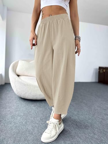 Cicy Bell Women's Summer High Waisted Baggy Pants Casual Cotton Harem Capris Slacks with Pockets Light Khaki — view 3