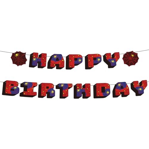 Spider Happy Birthday Banner, Cartoon Theme Happy Birthday Decoration Party Bunting Garland for Boys Girls Baby Shower Celebration Supplies