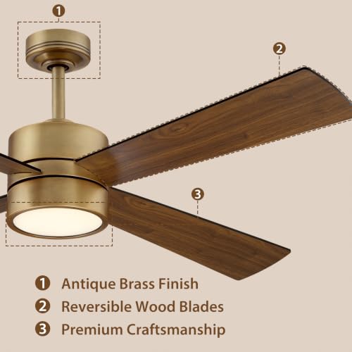 Vaczon 52-Inch Natural Brass Ceiling Fan with Light and Remote, Medieval Modern Ceiling Fan for Vintage Home Decor, Vintage Walnut Plywood Blades, Reversible, 6-Speed, Quiet, 3000K Warm Light — view 4