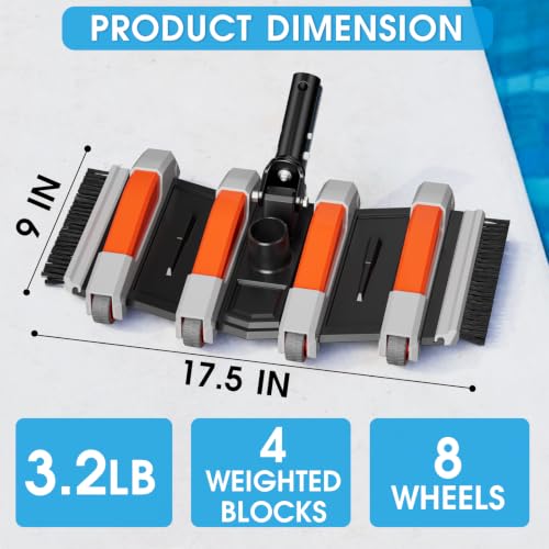 Image of TidyMister Flexible Weighted Pool Vacuum Head, Extra-Wide, Swivel Handle | 3.2LB,Side and Bottom Brushes,Non-Slip Wheels,Vinyl,Fiberglass and Concrete Pools,Fits 1-1 /2in Hoses and 1.25in Poles,Orange