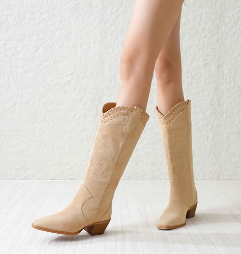 Image of Reitoye Cowboy Boots Women Knee High Cowgirl Embroidered Chunky Heel Boots | Block Chunky Heel,Pointed Toe,Half Side Zipper & Pull Tab,Embroidered Tall Boots,Fall Summer Spring Winter Dress Long Boots