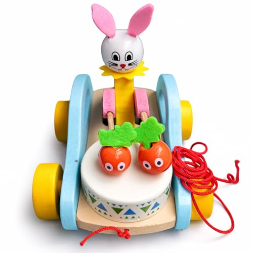 Image of Wooden Rabbit Pull Along Toy with Drum and String - Musical Bunny Car for Toddlers | Montessori Early Learning Activity | Motor Skill & Sensory Development | Birthday Gift | 1-5 Years