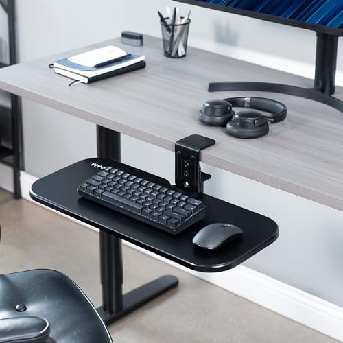 Image of VIVO Clamp-on 23 x 10 inch Rotating Computer Keyboard and Mouse Tray, Extra Sturdy Desk Swivel Clamp, Ergonomic Typing, Black, MOUNT-KB04CB
