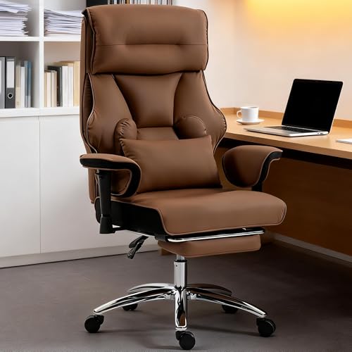 Heavy Duty Leather Office Chair 400lbs Capacity, Big and Tall Executive Computer Desk Chair with 155° Recline and Locking Function,3" Adjustable Armrests, Ergonomic Lumbar Support Pillow for Gaming