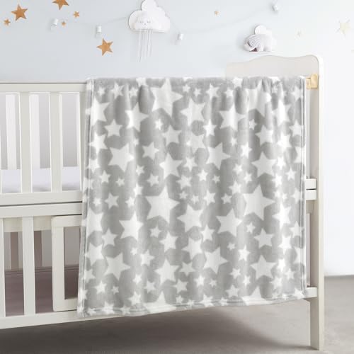 CREVENT Cozy Soft Warm Fleece Baby Blanket for Girls Boys, Newborn Essentials for Infant, Baby Shower Receiving Gift - Star Grey 75X100cm