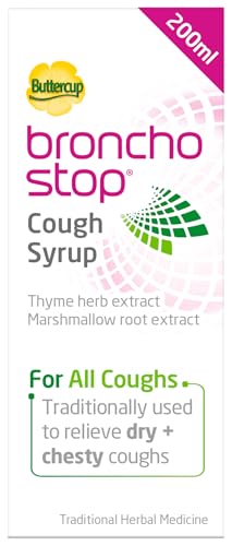 Bronchostop Cough Syrup (200ml) - Relief for Dry or Chesty Coughs - with Natural Thyme Herb and Marshmallow Root Extract - Non Drowsy Cough Medicine That Can Be Diluted & Undiluted - Alcohol Free