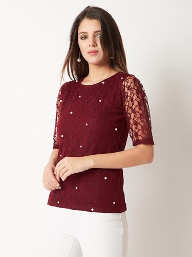 Image of Miss Chase Women's Round Neck Half Sleeves Cotton Lace and Pearl Detailing