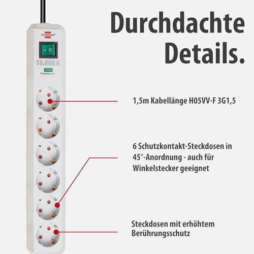 Brennenstuhl Eco-Line Steckdosenleiste 6-Fach mit Überspannungsschutz (Mehrfachsteckdose mit erhöhtem Berührungsschutz, Schalter und 1,5m Kabel) grau – Bild 5