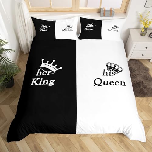 Homemissing Crown Queen and King Duvet Cover Single Size, Black and White Mr Mrs Comforter Cover His and Her Bedding Set Lovers Romantic Valentine's Day Bedspread Cover 2Pcs Zipper