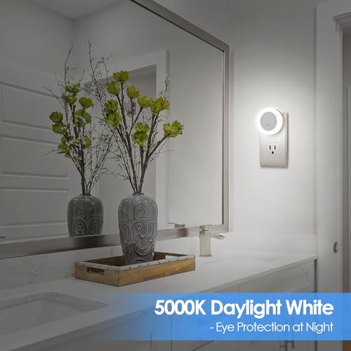 Image of 2-Pack LED Night Lights Plug in Dimmable with Sensor 5000K Daylight White | Nightlight Plug Into Wall Adjustable for Adults Bedroom Bathroom Living Room Kitchen