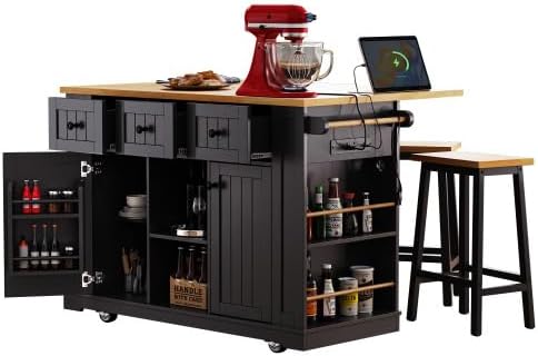 K&K 53inch Large Kitchen Island with 2 Bar Stools, Power Outlet,Door Internal Storage Rack, Kitchen Storage Cart on 5 Wheels with Drop Leaf, 5 Open Side Racks, 3 Drawers, for Kitchen,Dining Room,Black