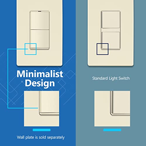 Image of LIDER Minimalist Design Lighted Double Switch, Combination Frameless Decorator Switch with Locator Light, Ground Terminal, Single Pole, 15A 120-277V, UL Listed, Thermoplastic, Matte Light Almond
