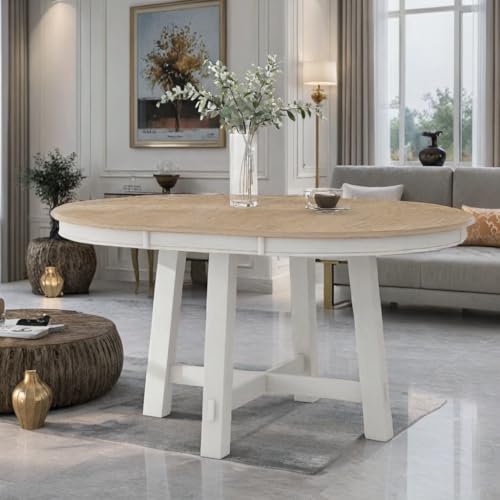 LUMISOL Extendable Round Dining Table for 4-6, Farmhouse Kitchen Table with Removable Leaf, Solid Wood Dinner Table for Kitchen, Dining Room, Oak+Antique White