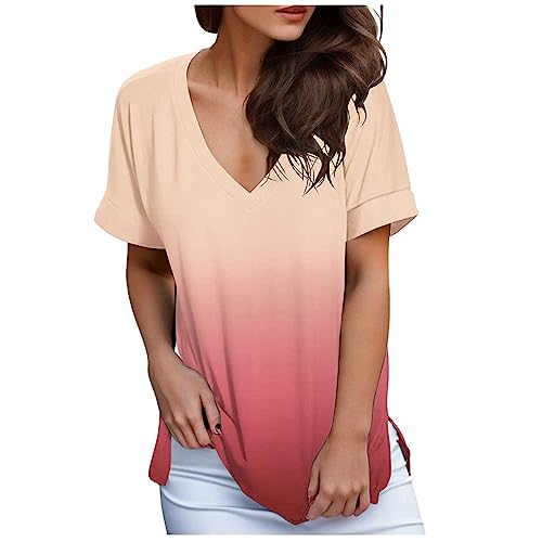 Gradient Color V-Neck Pullover T-Shirts for Women Soft Blouse Casual Tops Lightweight Shirts with Flowy Silhouette