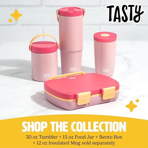 Image of Tasty Food Jar with Folding Handle, Portable Snack Travel or Lunch Container, Stainless Steel Insulated Vacuum with Leak-Proof Lid, Keeps Food Hot or Cold for Hours, 15-Ounce, Pink