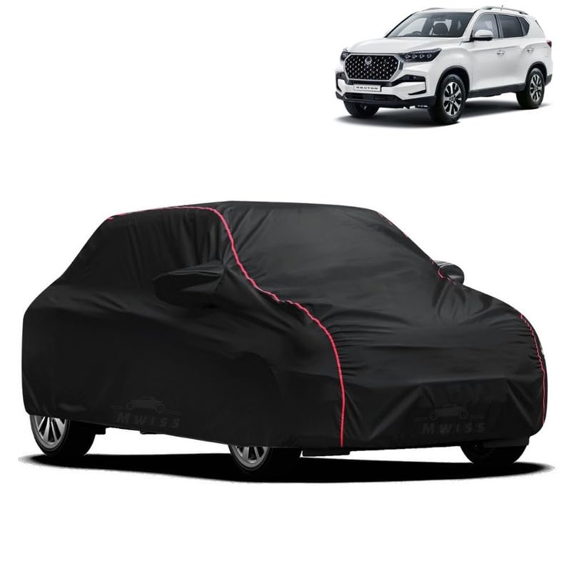 Image of Waterproof Car Cover for Ssang Yong Rexton | All-Weather Protection, Dustproof & UV Resistant | Triple Stitched Mirror Pockets, Windproof Buckle Strap with Elastic Hem, Black-Red Piping