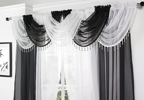 Maple Textiles Voile Curtain Swag with Crystal Beaded Trim (Black Swag)