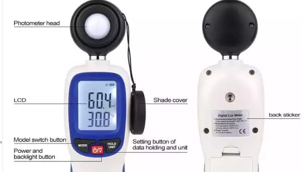 Diagram of VIHELM WT81 Illuminance Meter with labeled parts: Photometer head, LCD, Mode switch button, Power and backlight button, Setting button of data holding and unit, Shade cover, Back sticker.