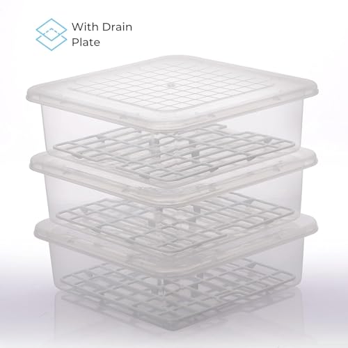 Image of KESI ORNAMENTS 2 pieces 2500Ml Fridge Storage Boxes With Removable Drain Plate And Lid Square Stackable Fridge Storage Containers Plastic Freezer Storage Containers For Fish, Meat, Vegetables(Clear)