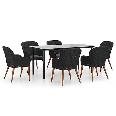 WRJENFSC 7 Piece Patio Dining Set, 63 Inch Tempered Glass Table and 6 Poly Rattan Chairs with Cushions, Solid Acacia Wood and Steel Frame Outdoor Garden Furniture for Backyard and Deck