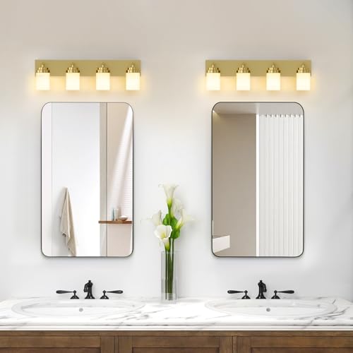 Image of IZORRO Bathroom Vanity Light Fixture, 4-Light 30 Inch Gold Bathroom Light Fixtures Over Mirror, with White Glass Shade, Modern Farmhouse Vanity Lights, Rustic Restroom Lighting Fixtures
