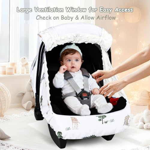 Image of Winter Car Seat Cover Baby with Sunshade & Dual Zipper Windows - Minky Bubble Lined Windproof Soft Shell, Warm Newborn Car Seat Canopy Covers, Elastic Bottom for Stroller & Infant Car Seat, Animal