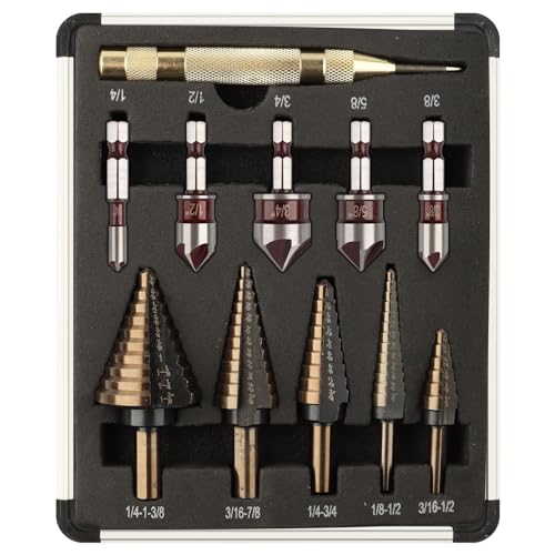 Ensemble de 5 forets à étape de 50 tailles & ensemble de 5 forets à countersink M2, revêtement en titane, avec étui en aluminium, forets à étapes multiples pour bricolage
