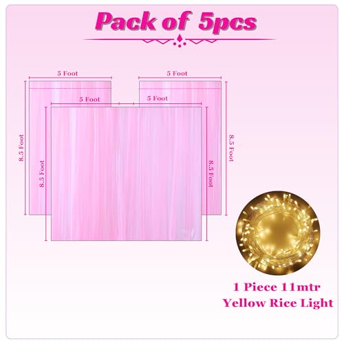 Image of 1iAM 5pcs Pink Decoration Net Light Combo - 4pcs Large, Stitched with Ribbon, Nylon Made, Reusable, Soft, Wrinkled Free, 8.5x5ft Each, Backdrop Decor Net & 1pc 11m Rice Light for Any Party or Event