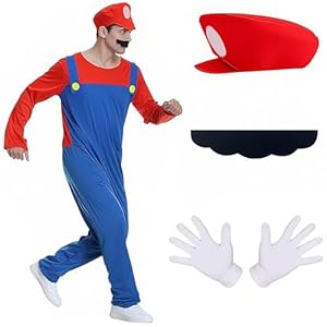 YISKY Mario Kostüm Luigi Kostüm Set, 4 Pcs Mario und Luigi Kostüm Erwachsene Herren Kinder mit Hut Handschuhe Bart, Erwachsene Kos-tüm für Weihnachten Karneval (Rot)