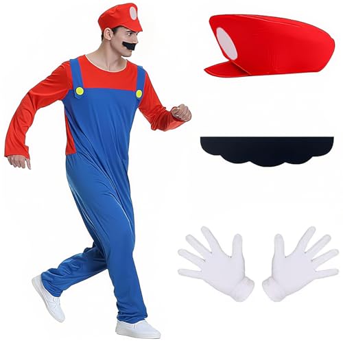 YISKY Disfraz Mario y Luigi Bros, Disfraz Mario Bros Adulto, Set de Accesorios Luigi/Mario Classic con Guantes, Bigote y Gorra, Halloween Carnaval (Rojo)