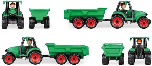 Lena Truckies Traktor mit Anhänger 38 cm, grün, Robustes Sandkasten Spielzeug mit abnehmbaren Anhänger, klappbare, Fahrerhaus, Kippmulde & Spielfigur, für Kinder ab 2 Jahren,