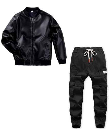 TLAENSON Bomber Boys Leather Jackets+Boys Cotton Casual Pants 8-9 Years