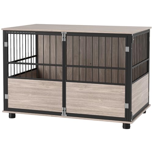 PawHut Dog Crate Furniture, Dog Cage End Table Indoor with 3 Doors, Furniture Style Dog Crate with Soft Washable Cushion, for Large Dogs, 100L x 60W x 68Hcm