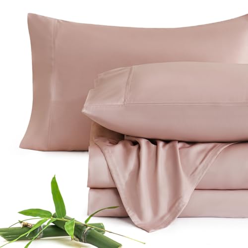 Image of JSD Dusty Pink 100% Viscose Derived from Bamboo Sheet Set Full, Cooling Sheets for Hot Sleepers, 300TC Sateen Weave, 16" Deep Pocket Corner Straps, Soft Silky Breathable Hotel Quality