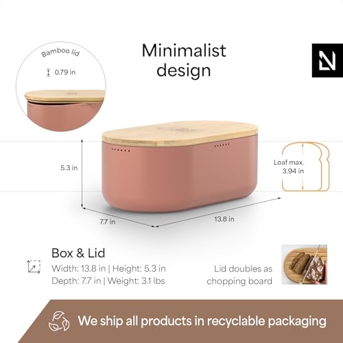 Image of LARS NYSOM Bread Box I Metal Box for long lasting freshness I Bread Bin with bamboo lid usable as cutting board I 13.8x7.7x5.3 In (Brick Red)