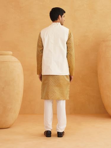 Sojanya (Since 1958 Men'S Ethnic Motifs Silk Blend Mustard Kurta With Pyjama & Cream Nehru Jacket4