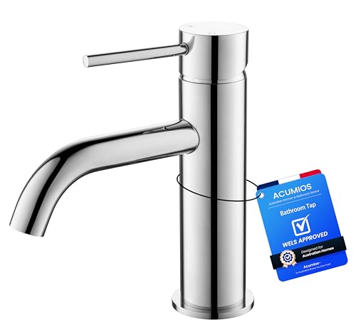 ACUMIOS WELS Lead-Free Basin Mixer Tap, Round Curved Bathroom Faucet, Stainless Steel Vanity & Laundry Sink Mixer, Water-Saving, (Chrome, Spout Height 75mm)