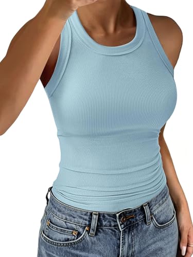 C.O.Z.Y Tank Tops for Women Ribbed Racerback Top Shirts High Neck Tank Casual Slim fit Basic Summer Tops Sky Blue S