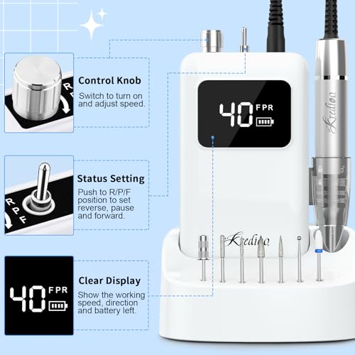 Kredioo Professional Nail Drill Brushless 40,000RPM Rechargeable 2-in-1 Portable Electric Nail File Ultra Silent Salon Must Haves Nail Tool Kit Removing Acylic Gels - Thumbnail 7