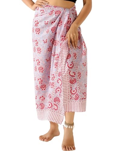 THE ART BOX Paréo 100% Coton pour Femme, imprimé Main Indienne, paréo, Cache-Maillot de Bain Long (185,4 x 109,2 cm), Gris Rouge, Taille Unique