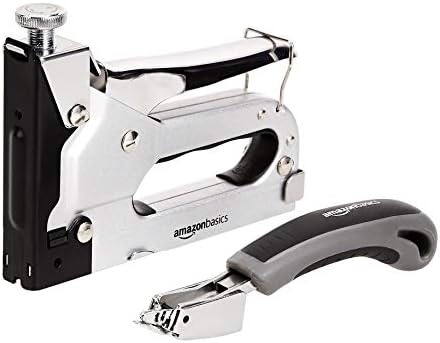 Amazon Basics Heavy Duty Staple Gun - 3-in-1 Stapler Gun with 1500 Pieces Staples and Staple Remover, Tacker Set with Storage Case for Upholstery, Carpentry, Decoration and Furniture