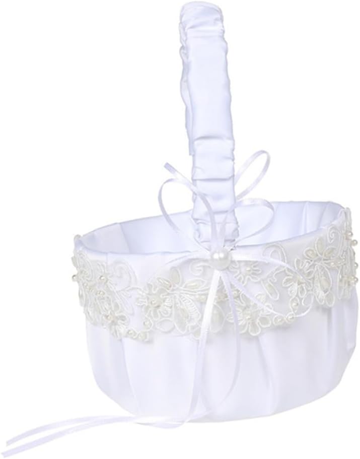 White Lace Wedding Flower Basket with Satin Bowknot and Pearl Handle, Delicate Flower Girl Basket for Western Wedding Ceremony and Petal Carrying, Elegant Bridal Party Supplies