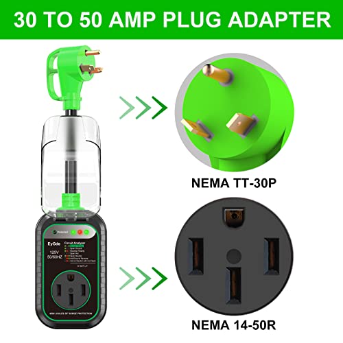 Image of EyGde 30 Amp to 50 Amp RV Adapter with Surge Protector - Upgraded NEMA TT-30P Male to 14-50R Female Plug, 30A to 50A RV Circuit Analyzer Power Protection with Waterproof Cover for 50Amp Camper Trailer