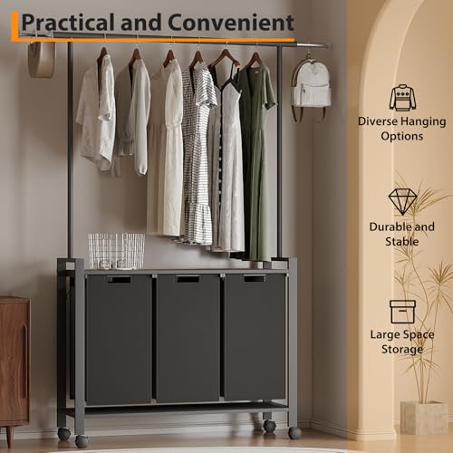3-Section Laundry Sorter, Rolling Laundry Cart with Hanging Bar, Heavy-Duty for Laundry Room, Bedroom, Bathroom by IDEALHOUSE - Image 4