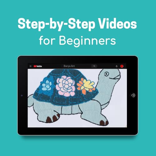 Image of Embroidery Kit for Adult Beginners, Turtle & Flower Embroidery Kit with Step-by-Step Instructions and Video,Printed Cloth,7.87 inch Hoop, Display Stand,Color Threads and Tools for Craft Lover(BED004)