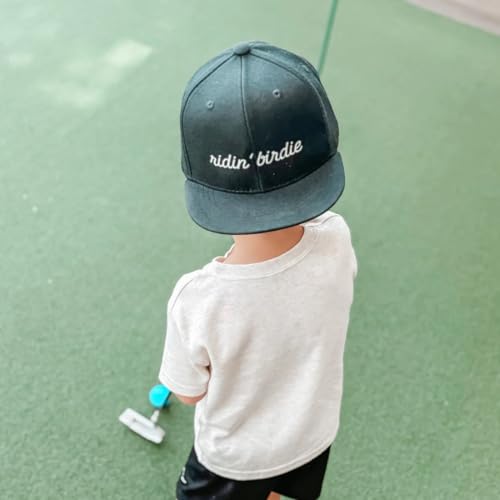 Buffbo Ridin’ Birdie Youth Golf Trucker Hat, Black Snapback Hat with White Embroidery, 100% Acrylic, Retro Flat Bill Hat, Structured Full-Back Design, Adjustable Plastic Snapback Hat for Young Golfers4