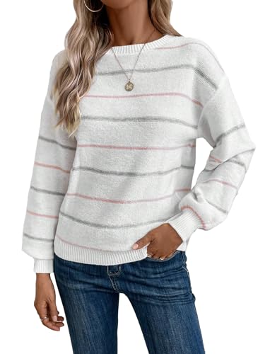 Image of SOLY HUX Striped Sweaters for Women Crew Neck Drop Shoulder Long Sleeve Knit Fall Sweater Pullover Tops White Striped Large