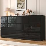 JassmiPkwy 71.65 INCH 12 Drawers Dresser with Power Outlet, Wide High Gloss Chest of Drawers Large, Modern Storage Drawer Dresser for Bedroom, Black