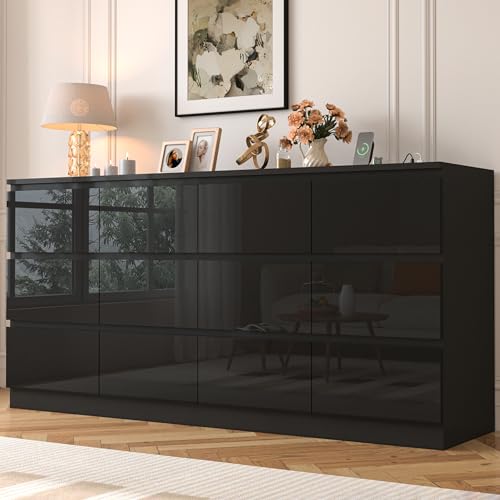 Image of JassmiPkwy 71.65 INCH 12 Drawers Dresser with Power Outlet, Wide High Gloss Chest of Drawers Large, Modern Storage Drawer Dresser for Bedroom, Black